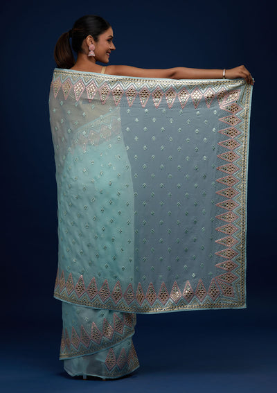 Sea Green Gotapatti Georgette Designer Saree - Koskii
