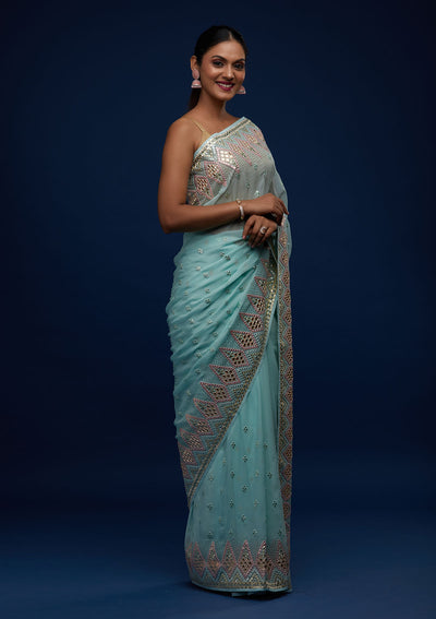 Sea Green Gotapatti Georgette Designer Saree - Koskii