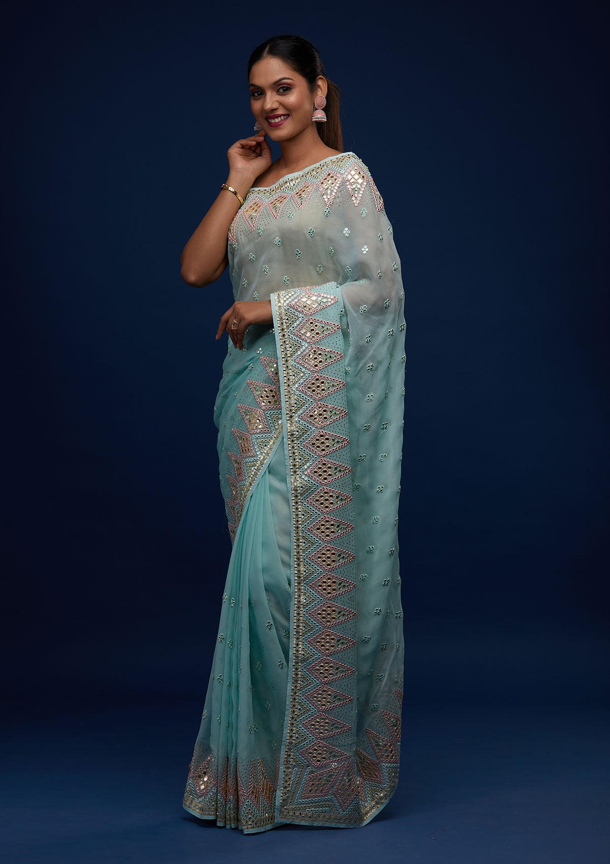 Sea Green Gotapatti Georgette Designer Saree - Koskii