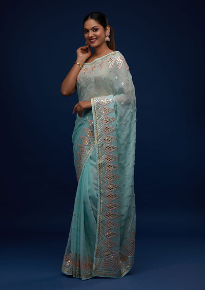 Sea Green Gotapatti Georgette Designer Saree - Koskii
