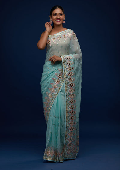 Sea Green Gotapatti Georgette Designer Saree - Koskii