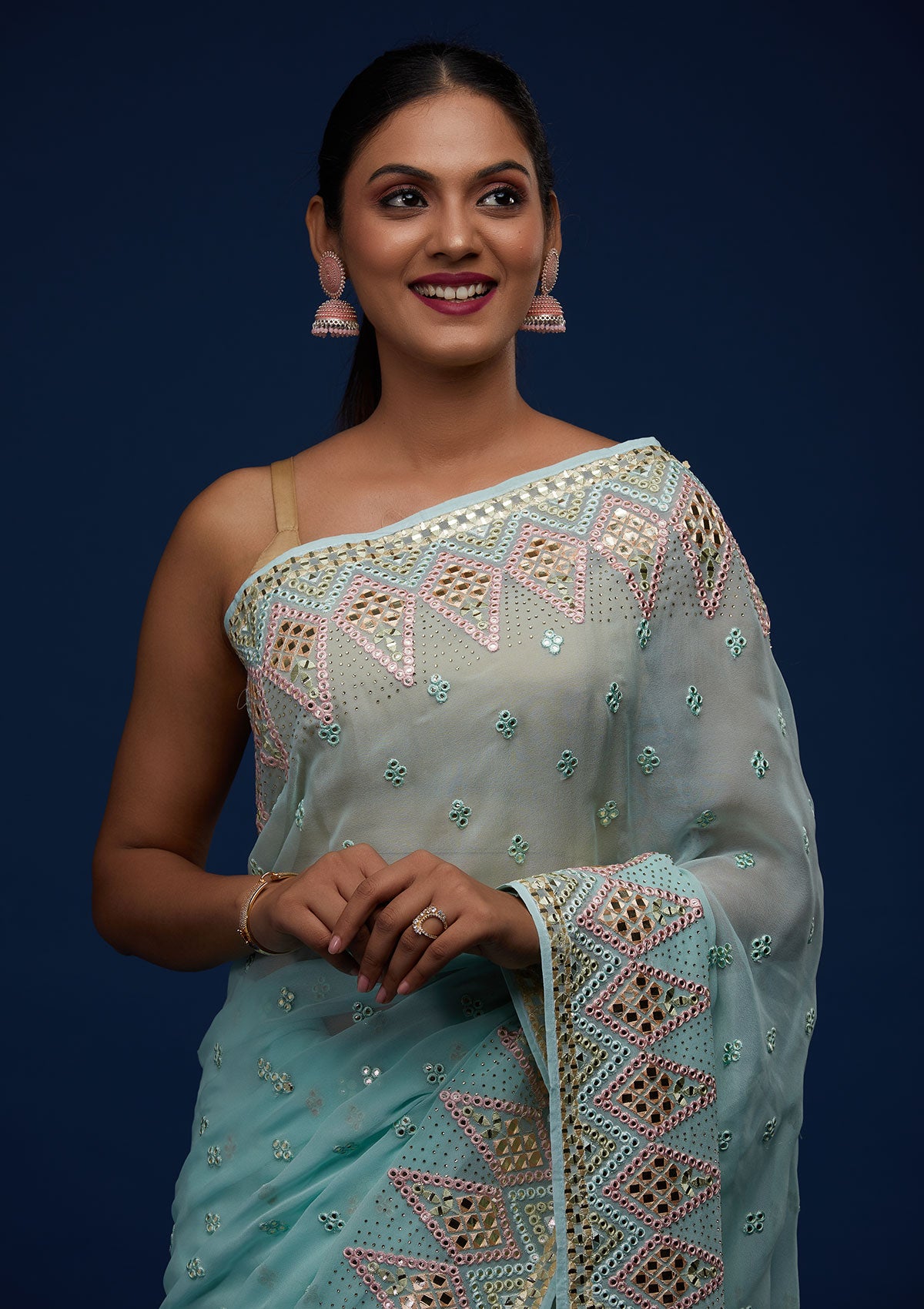 Sea Green Gotapatti Georgette Designer Saree - Koskii
