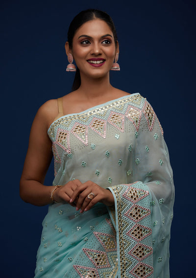 Sea Green Gotapatti Georgette Designer Saree - Koskii