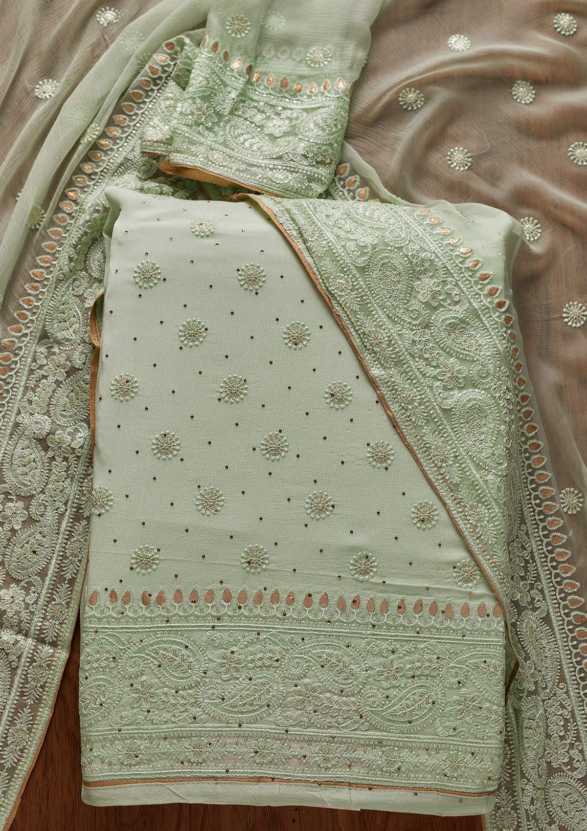 Sea Green Gotapatti Semi Crepe Designer Unstitched Salwar Suit - koskii