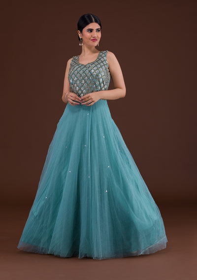 Buy Sea Green Mirrorwork Net Gown Koskii