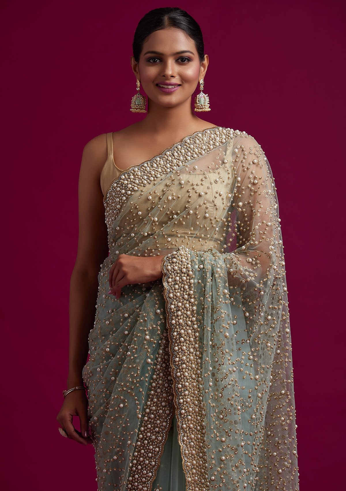 Wedding sarees with pearls discount