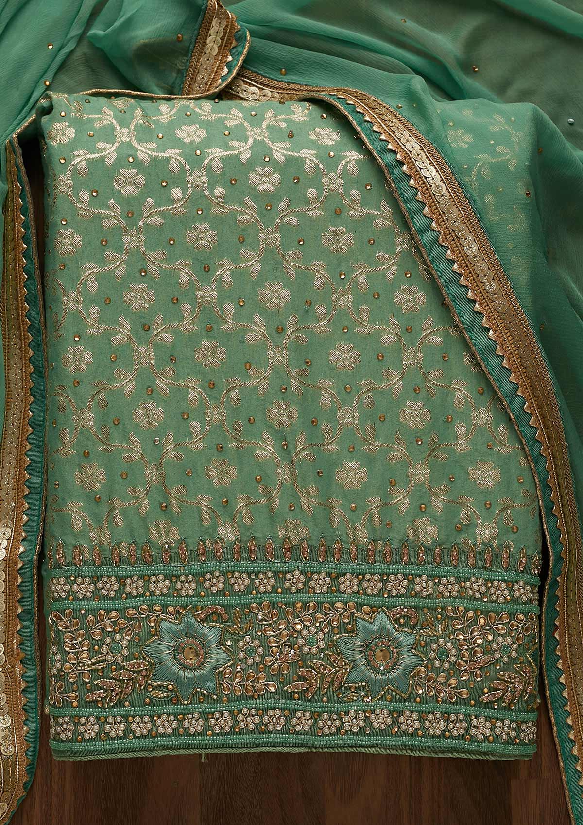 Sea Green Pearlwork Raw Silk Unstitched Salwar Suit-Koskii
