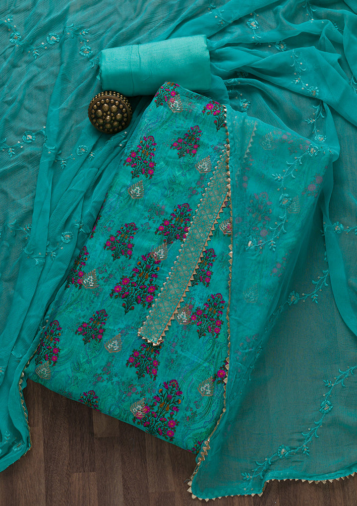Sea Green Printed Semi Crepe Unstitched Salwar Suit-Koskii