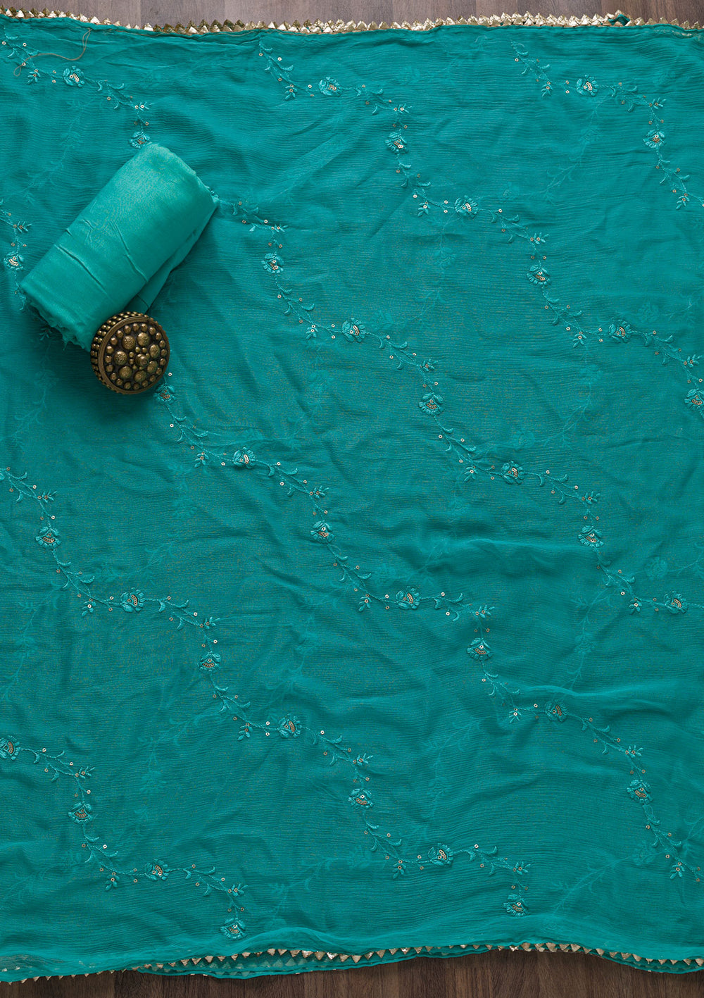 Sea Green Printed Semi Crepe Unstitched Salwar Suit-Koskii