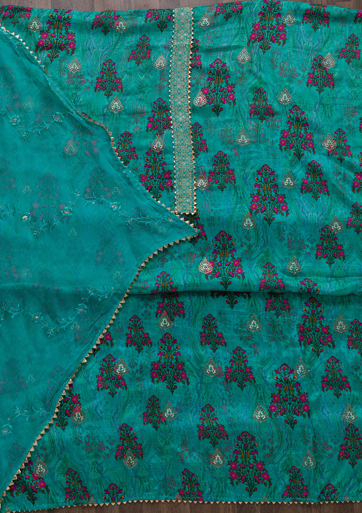 Sea Green Printed Semi Crepe Unstitched Salwar Suit-Koskii