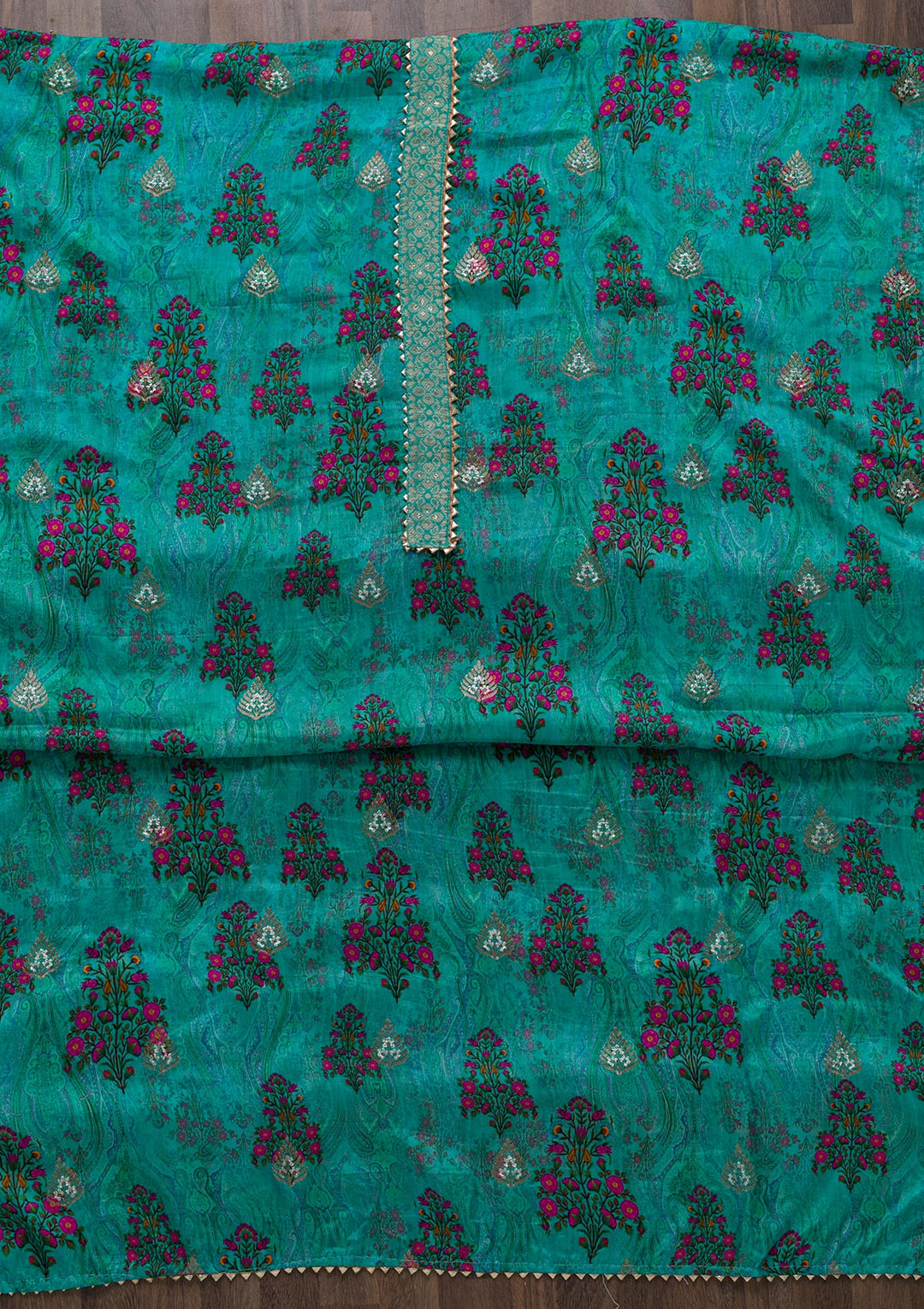 Sea Green Printed Semi Crepe Unstitched Salwar Suit-Koskii