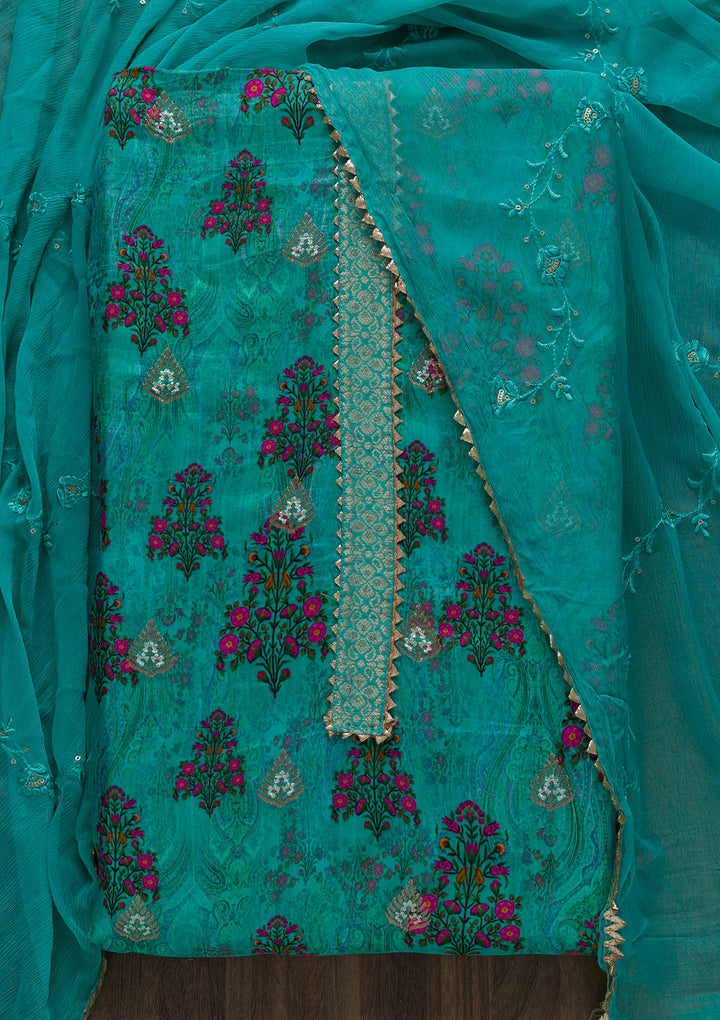 Sea Green Printed Semi Crepe Unstitched Salwar Suit-Koskii