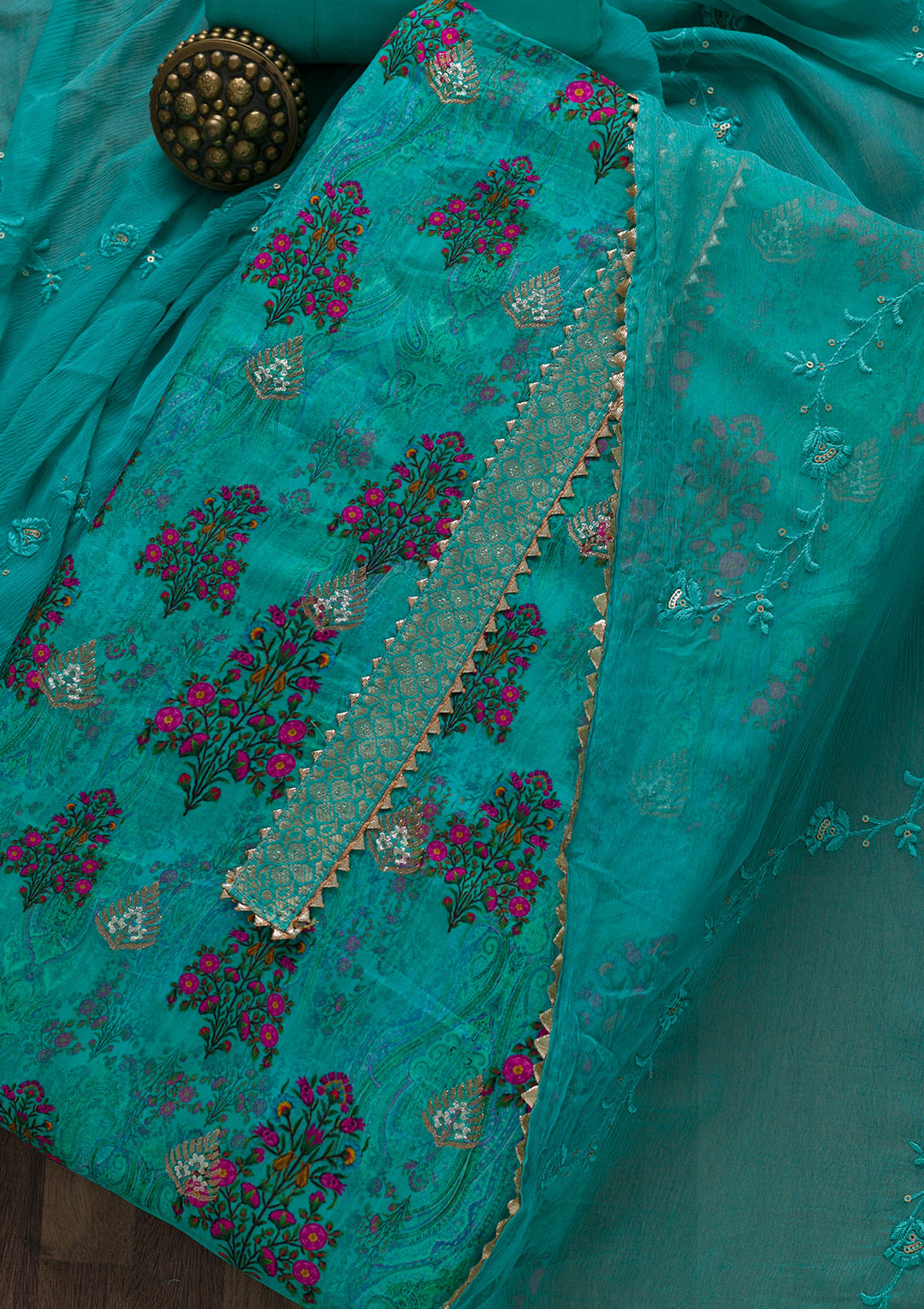 Sea Green Printed Semi Crepe Unstitched Salwar Suit-Koskii