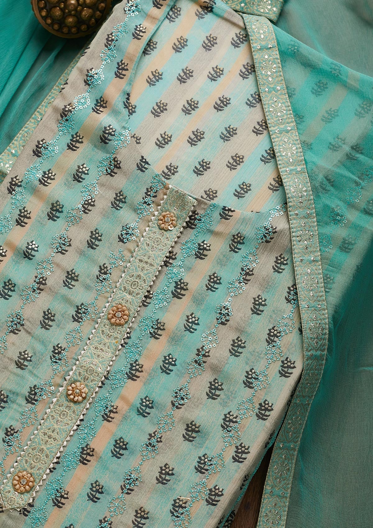 Sea Green Sequins Chanderi Unstitched Salwar Suit - Koskii