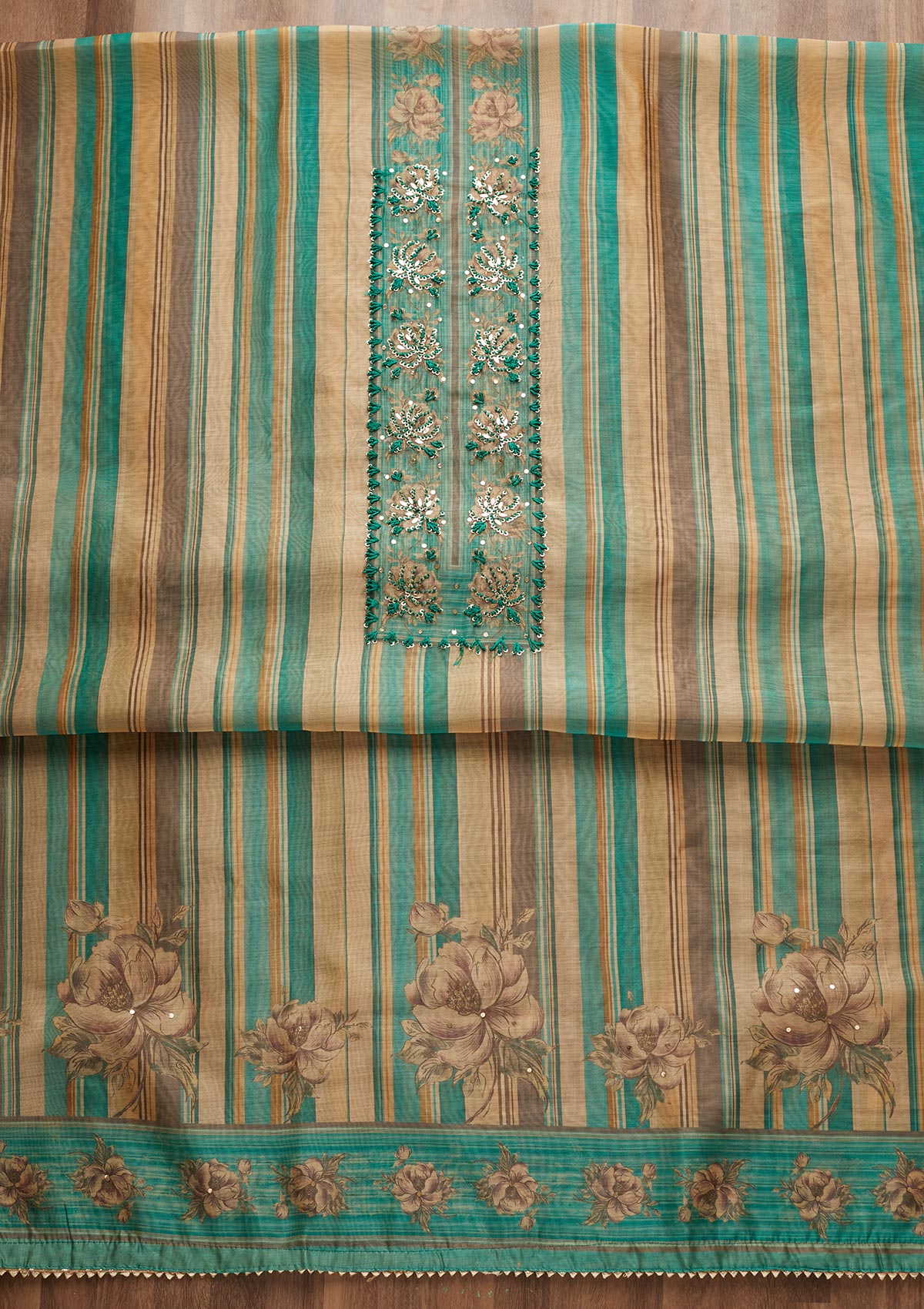 Sea Green Sequins Chanderi Unstitched Salwar Suit - Koskii