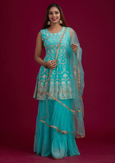 Sea Green Sequins Georgette Designer Salwar-Suit - koskii