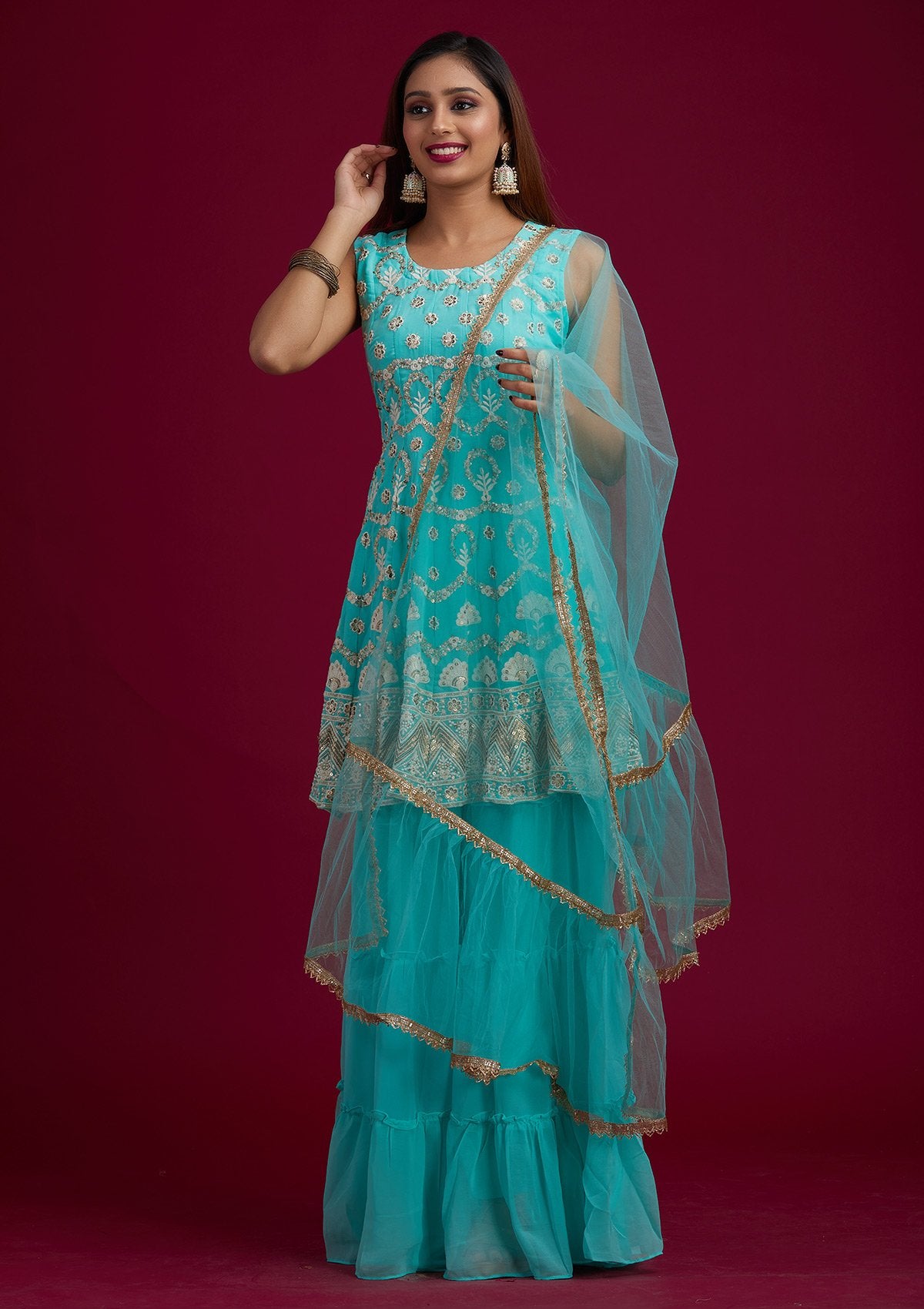 Sea Green Sequins Georgette Designer Salwar-Suit - koskii