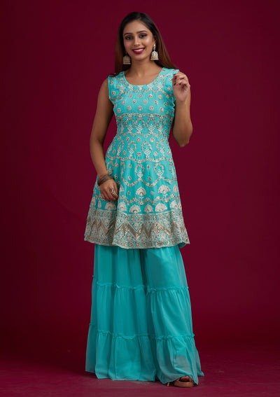 Sea Green Sequins Georgette Designer Salwar-Suit - koskii