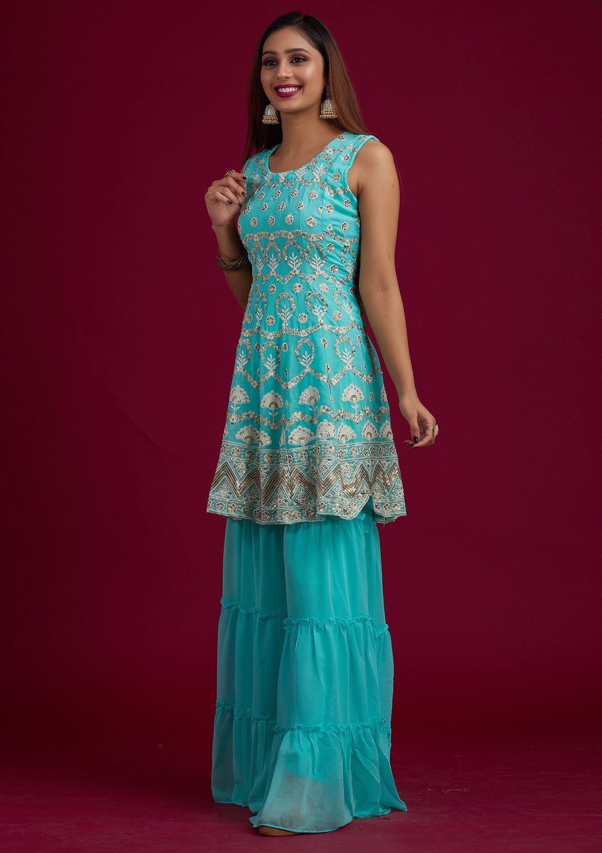 Sea Green Sequins Georgette Designer Salwar-Suit - koskii