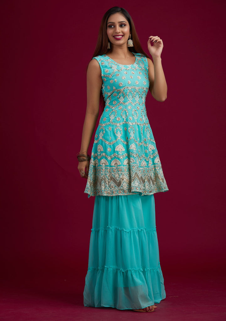 Sea Green Sequins Georgette Designer Salwar-Suit - koskii