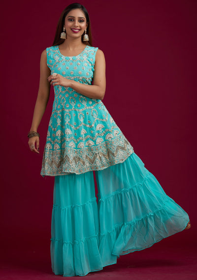 Sea Green Sequins Georgette Designer Salwar-Suit - koskii