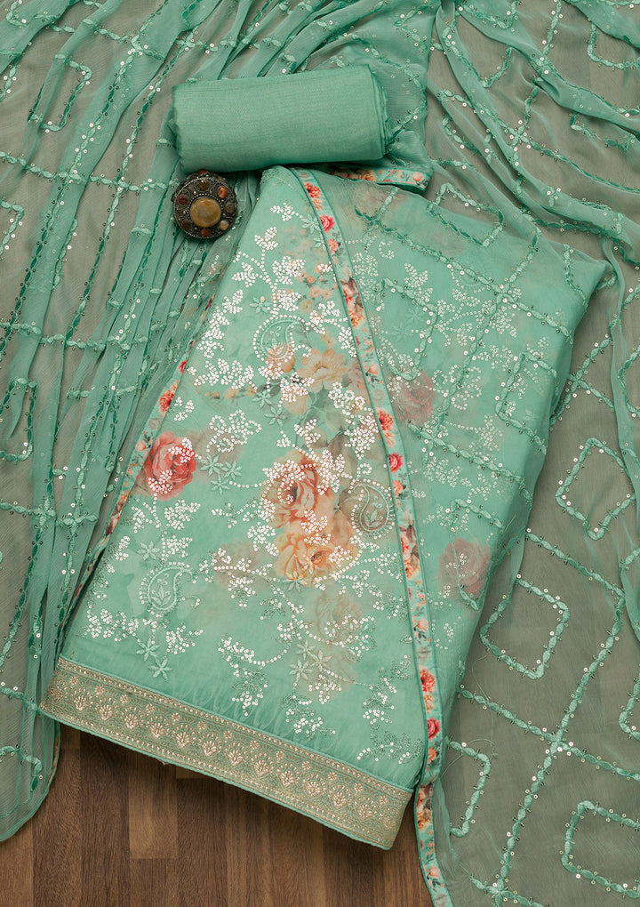 Sea Green Sequins Georgette Unstitched Salwar Suit-Koskii