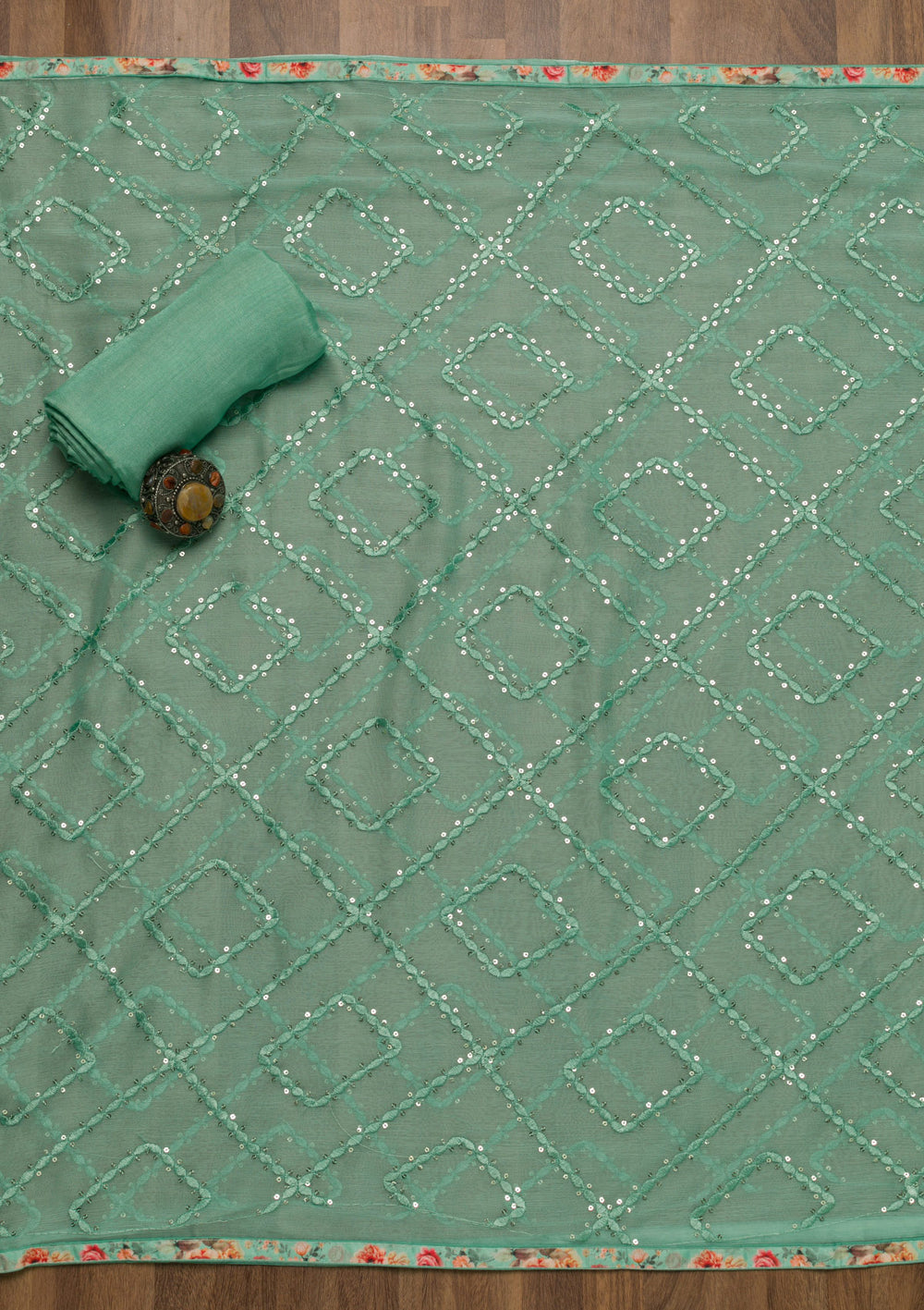 Sea Green Sequins Georgette Unstitched Salwar Suit-Koskii