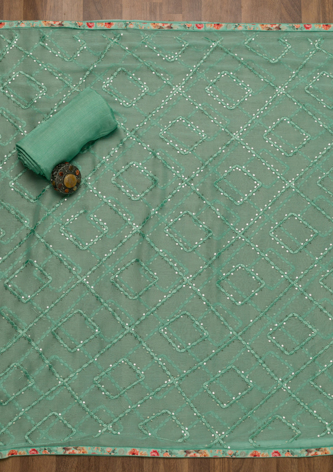 Sea Green Sequins Georgette Unstitched Salwar Suit-Koskii
