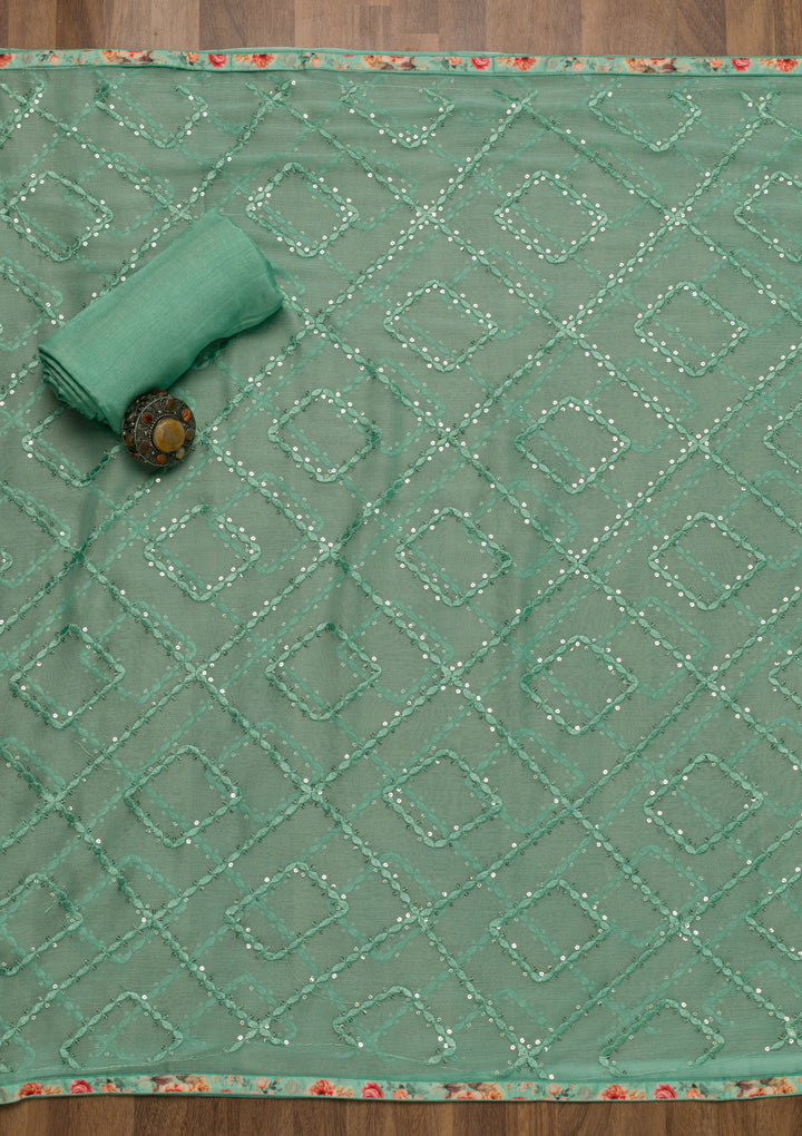 Sea Green Sequins Georgette Unstitched Salwar Suit-Koskii