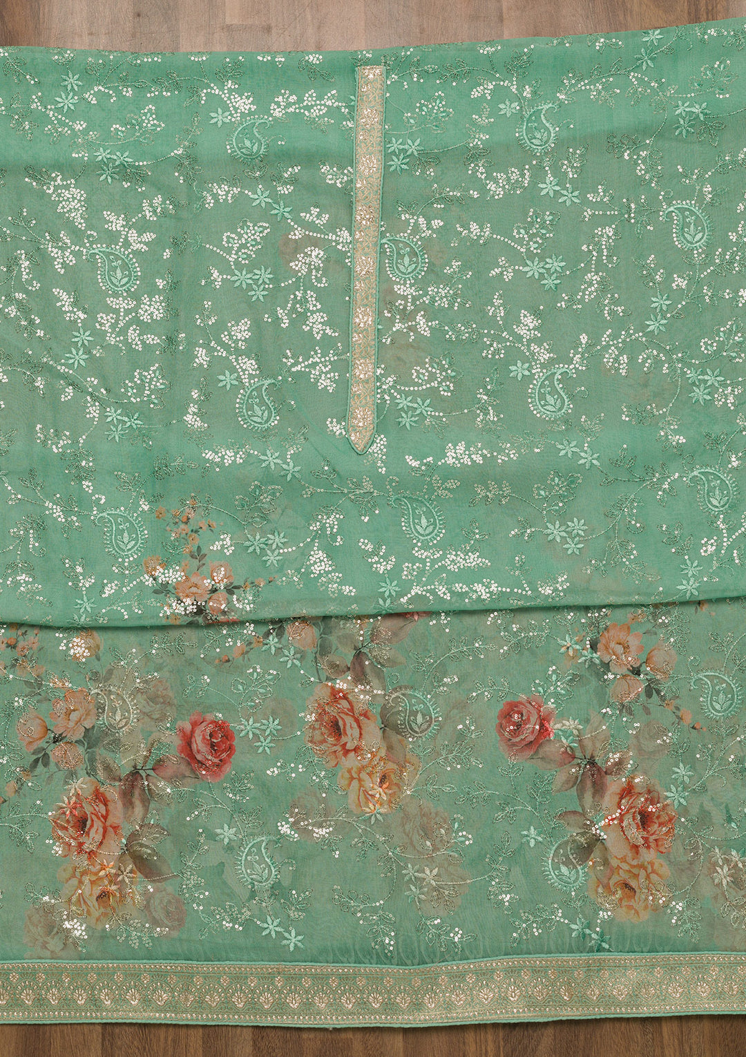 Sea Green Sequins Georgette Unstitched Salwar Suit-Koskii