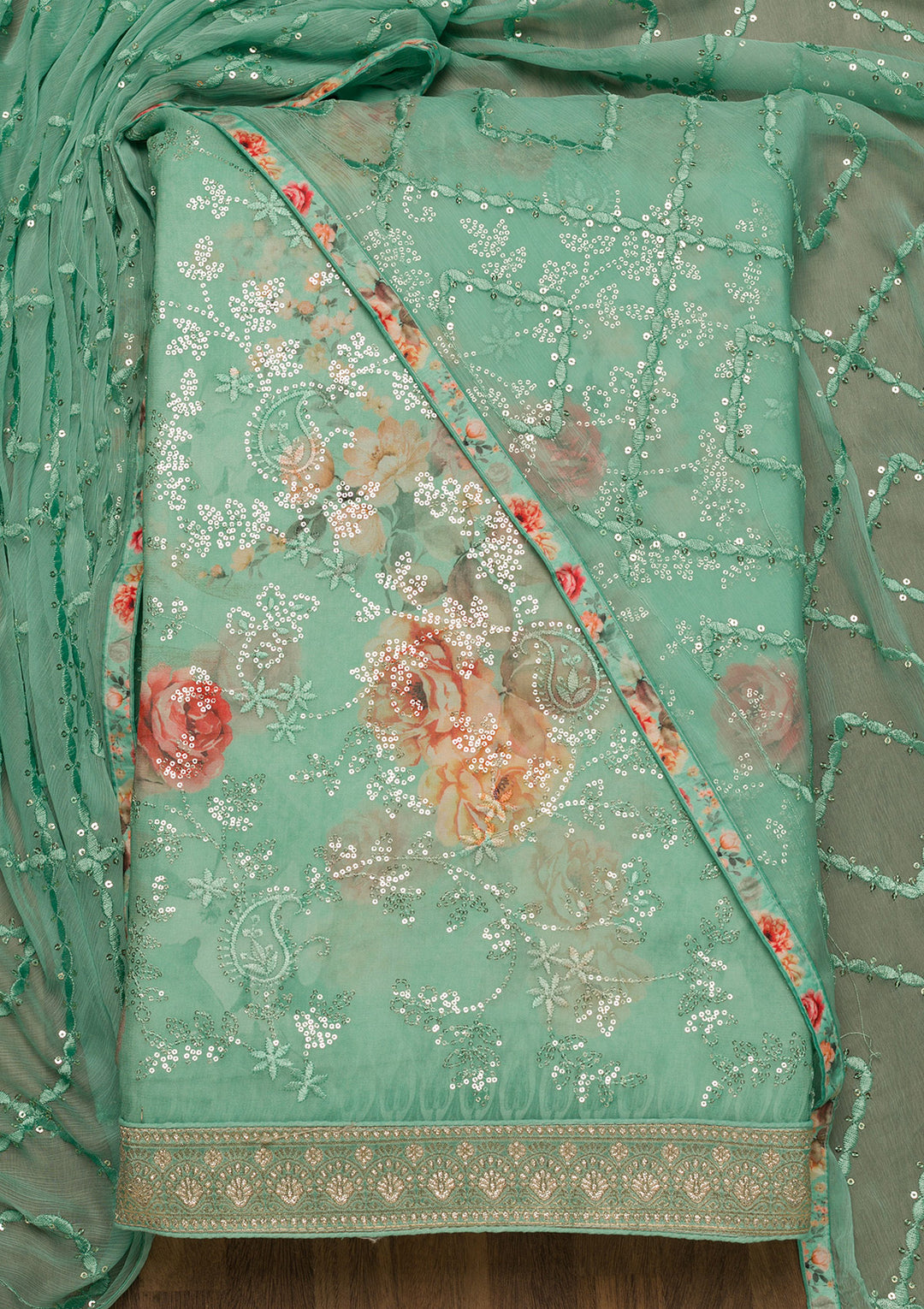 Sea Green Sequins Georgette Unstitched Salwar Suit-Koskii