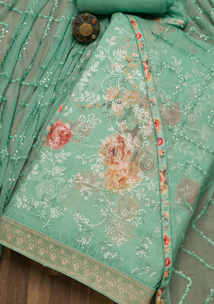 Sea Green Sequins Georgette Unstitched Salwar Suit-Koskii