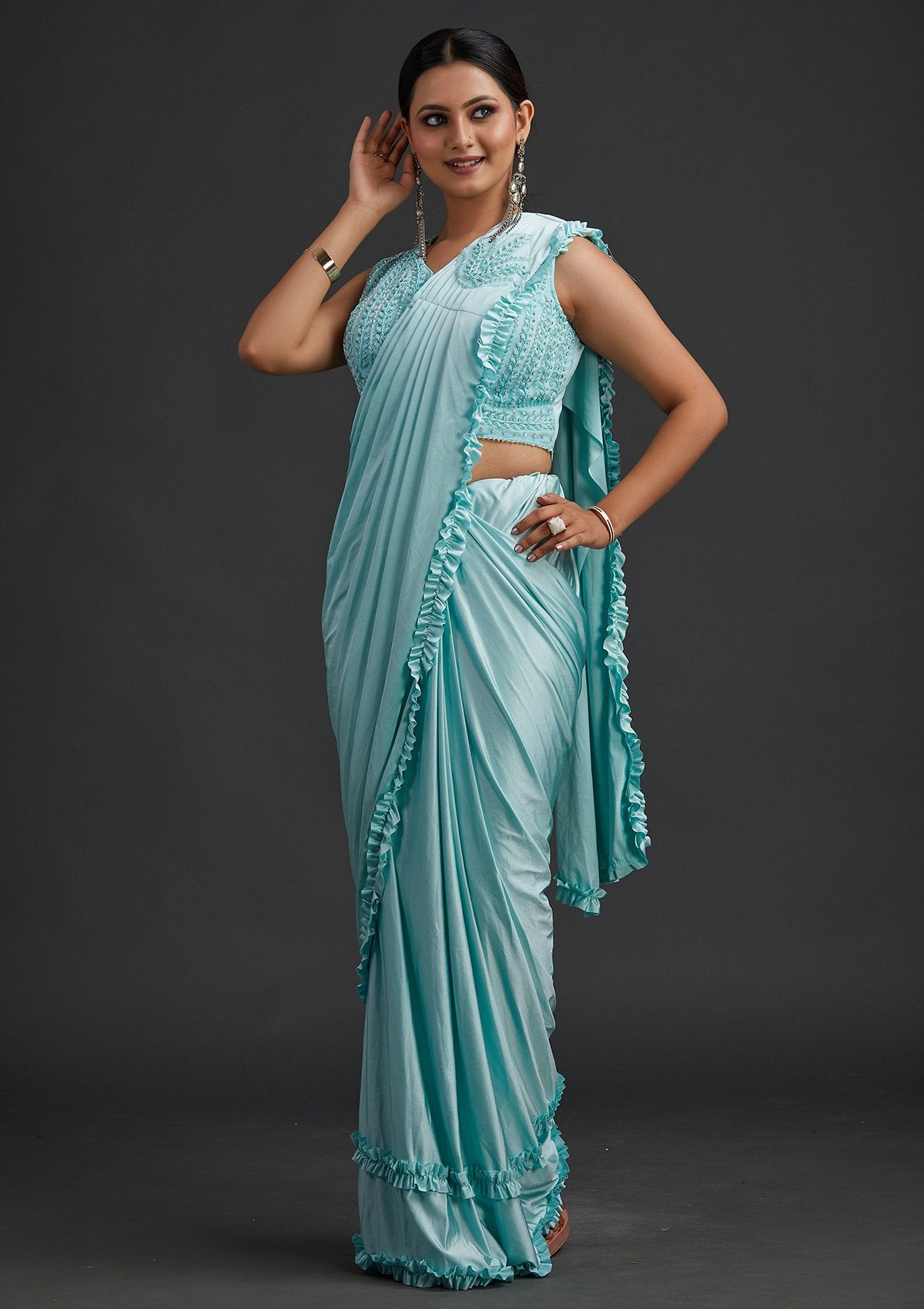 Sea Green Sequins Lycra Designer Saree - koskii