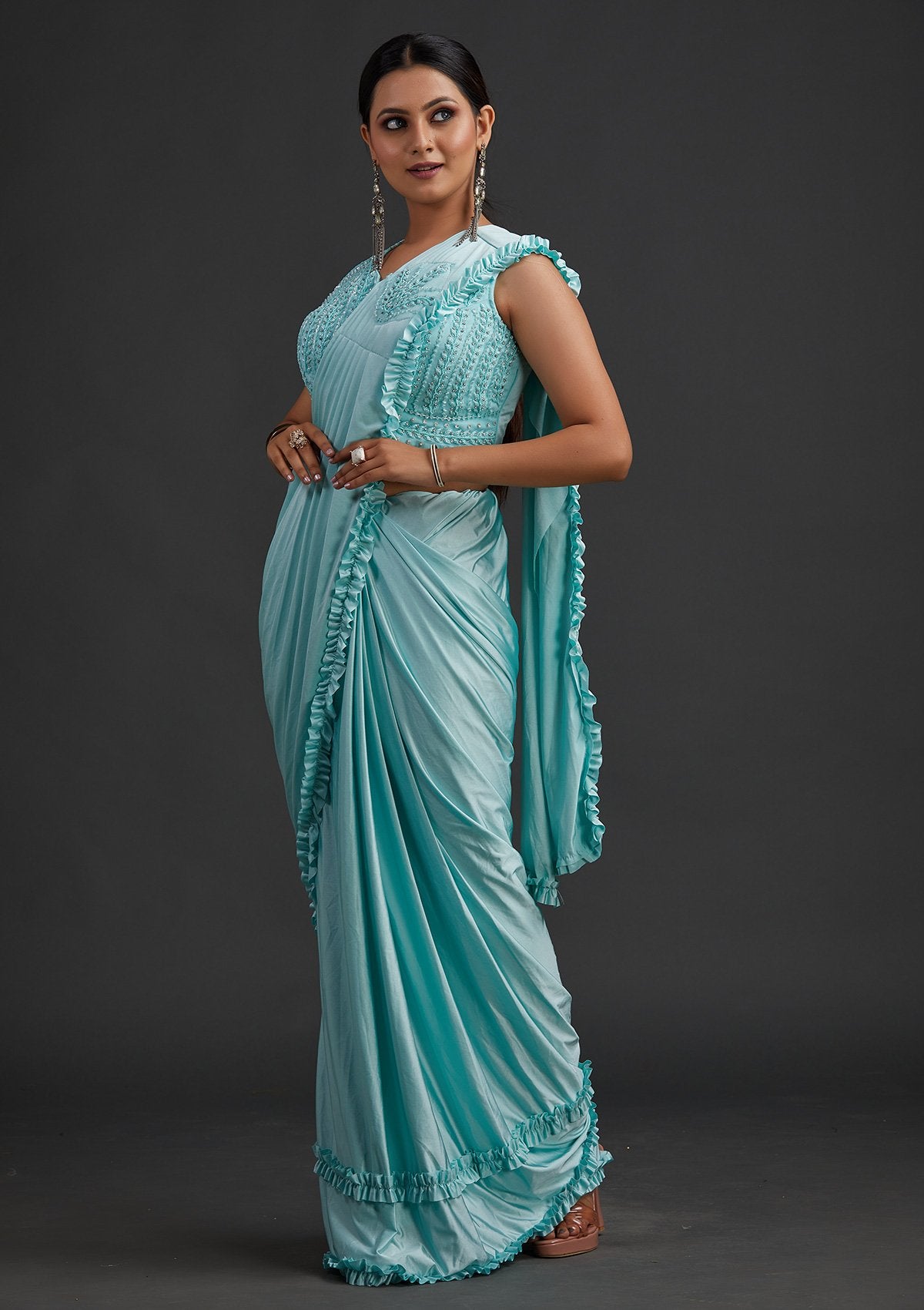 Sea Green Sequins Lycra Designer Saree - koskii