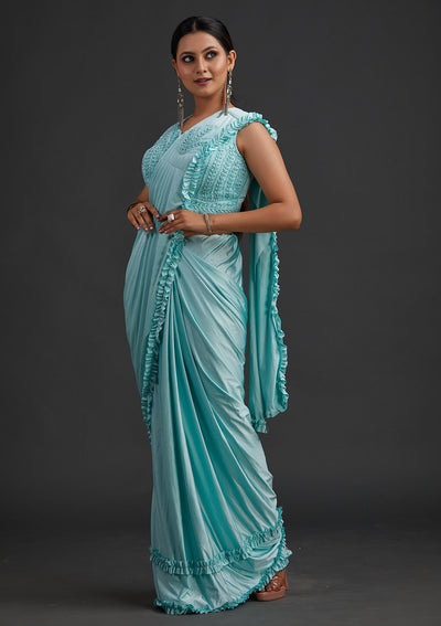 Sea Green Sequins Lycra Designer Saree - koskii