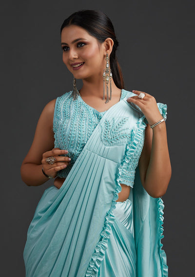 Sea Green Sequins Lycra Designer Saree - koskii