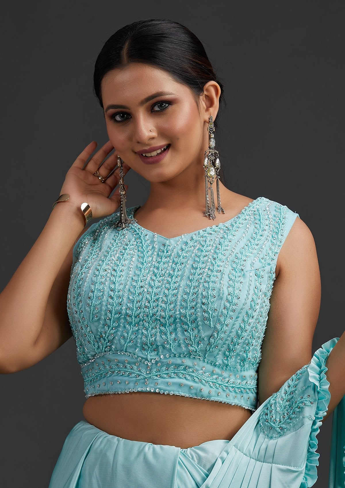 Sea Green Sequins Lycra Designer Saree - koskii