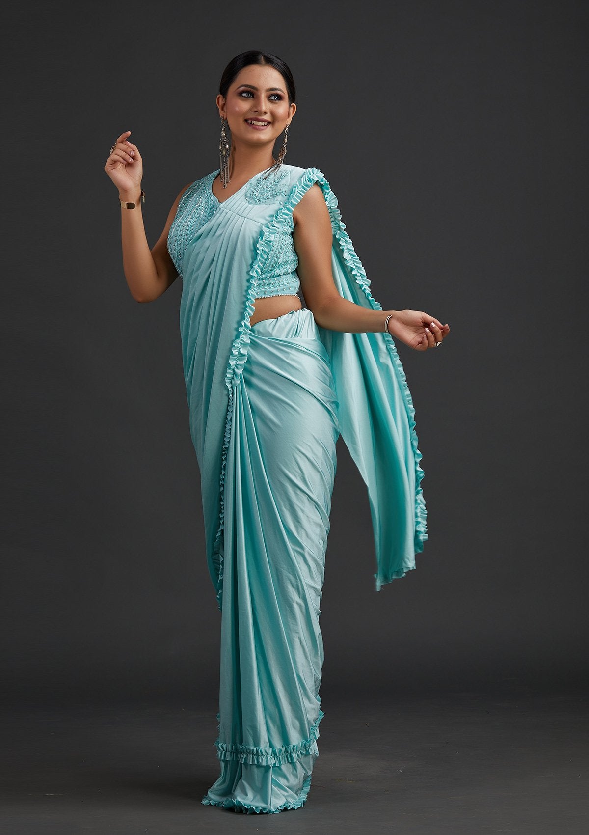 Sea Green Sequins Lycra Designer Saree - koskii