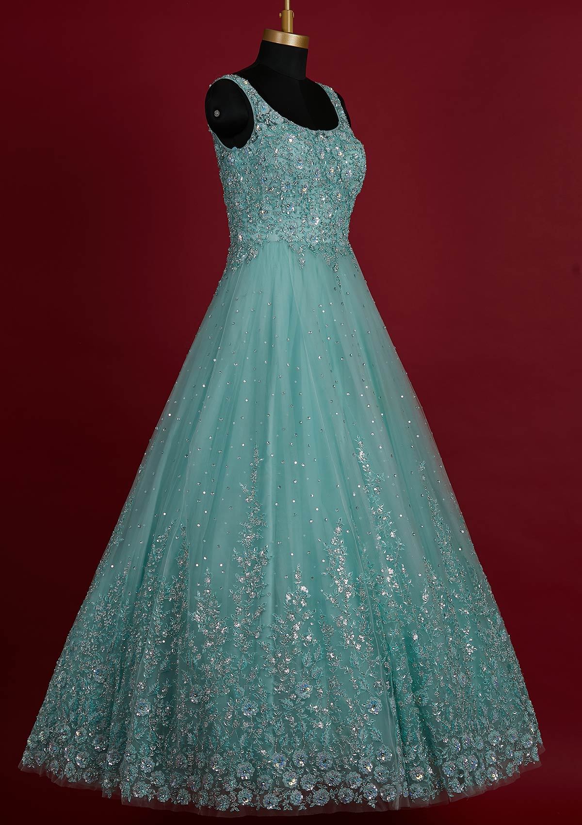 Embroidered Chinon Chiffon Long Flared Dress in Light Sea Green : TBE644