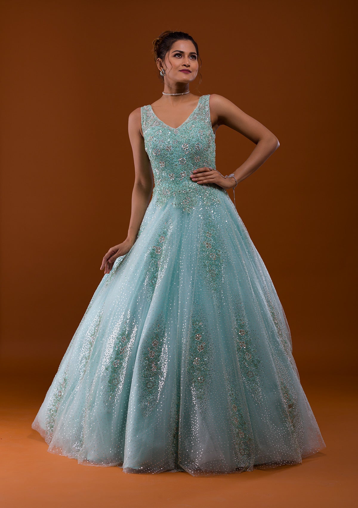 Net Fabric Trendy Fancy Work Festive Wear Gown In Sea Green Color