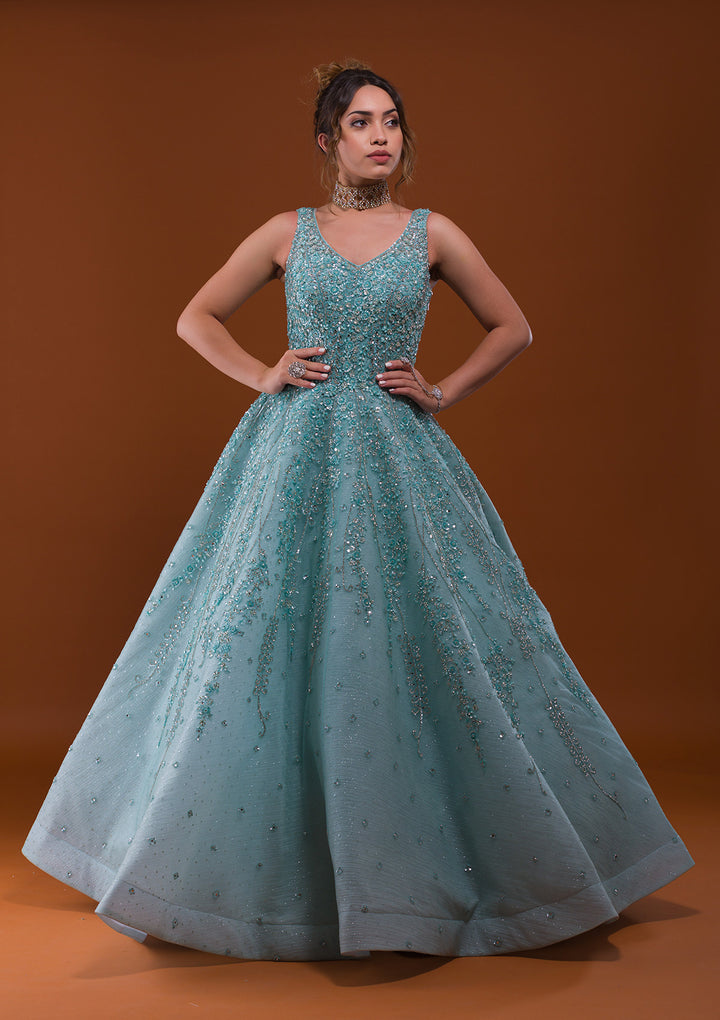 Sea Green Sequins Net Designer Gown-Koskii