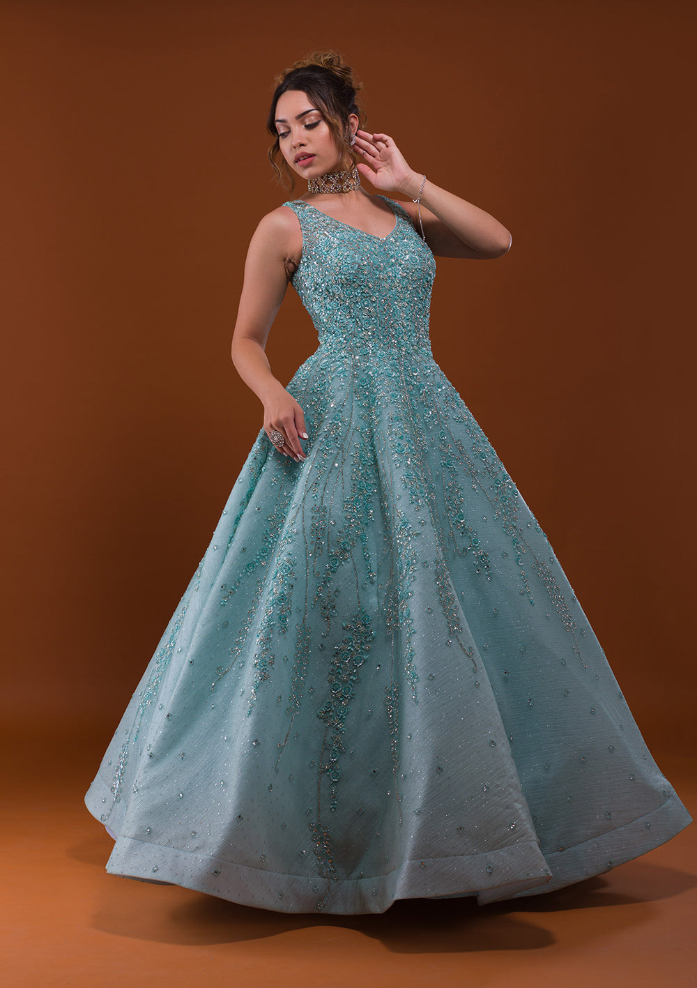 Sea Green Sequins Net Designer Gown-Koskii