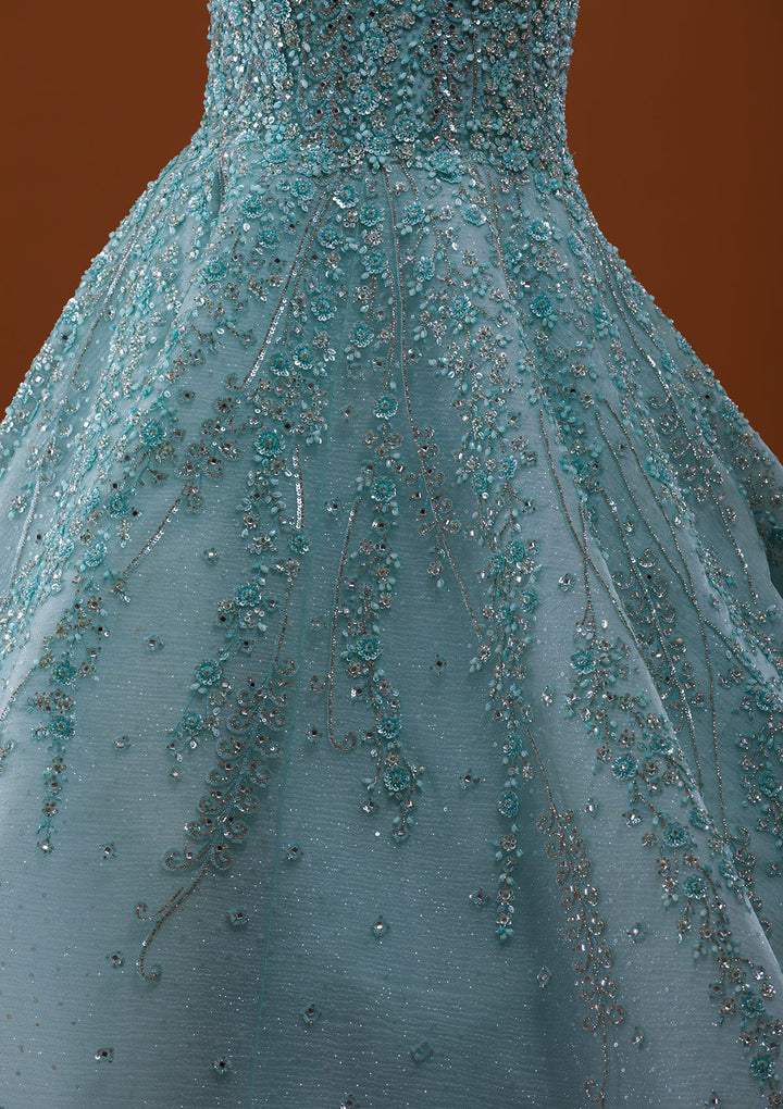 Sea Green Sequins Net Designer Gown-Koskii