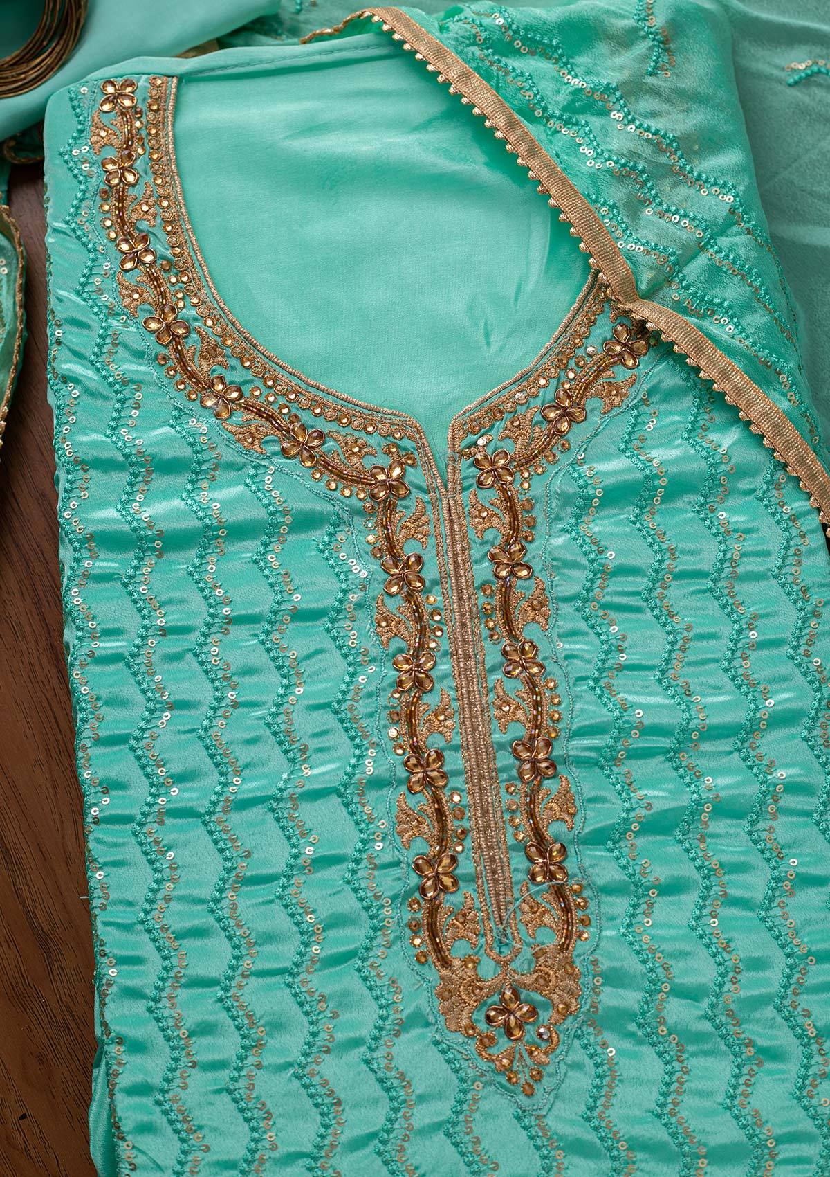 Sea Green Sequins Semi Crepe Designer Unstitched Salwar Suit - koskii
