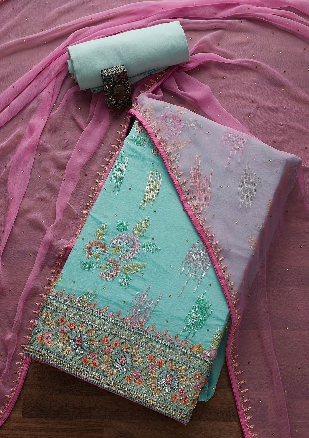 Sea Green Sequins Semi Crepe Designer Unstitched Salwar Suit - Koskii