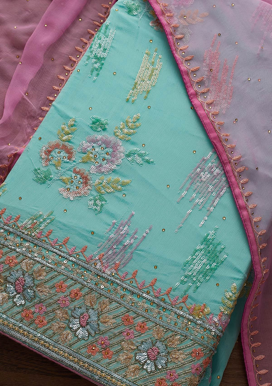 Sea Green Sequins Semi Crepe Designer Unstitched Salwar Suit - Koskii