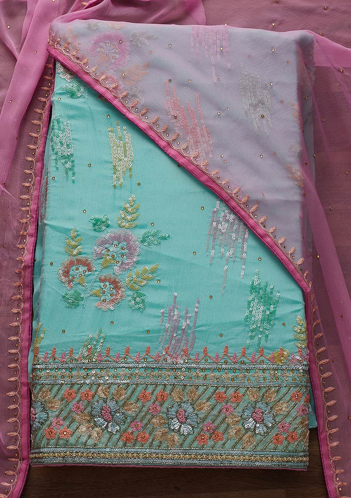 Sea Green Sequins Semi Crepe Designer Unstitched Salwar Suit - Koskii