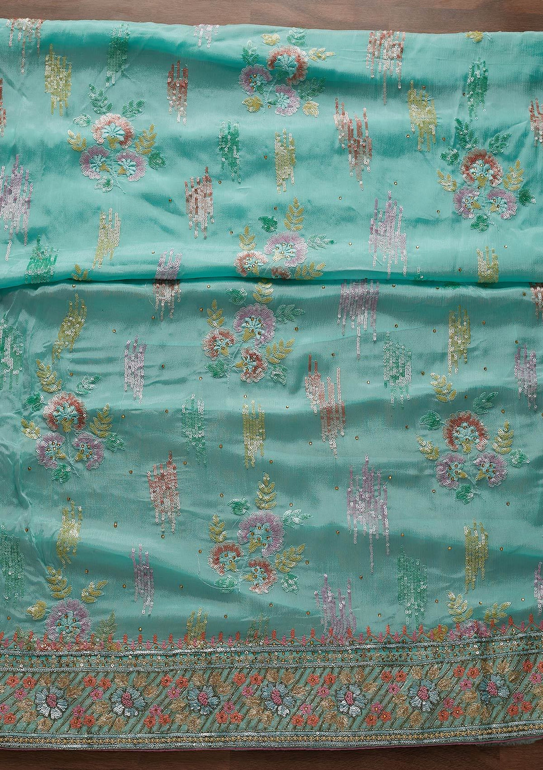 Sea Green Sequins Semi Crepe Designer Unstitched Salwar Suit - Koskii