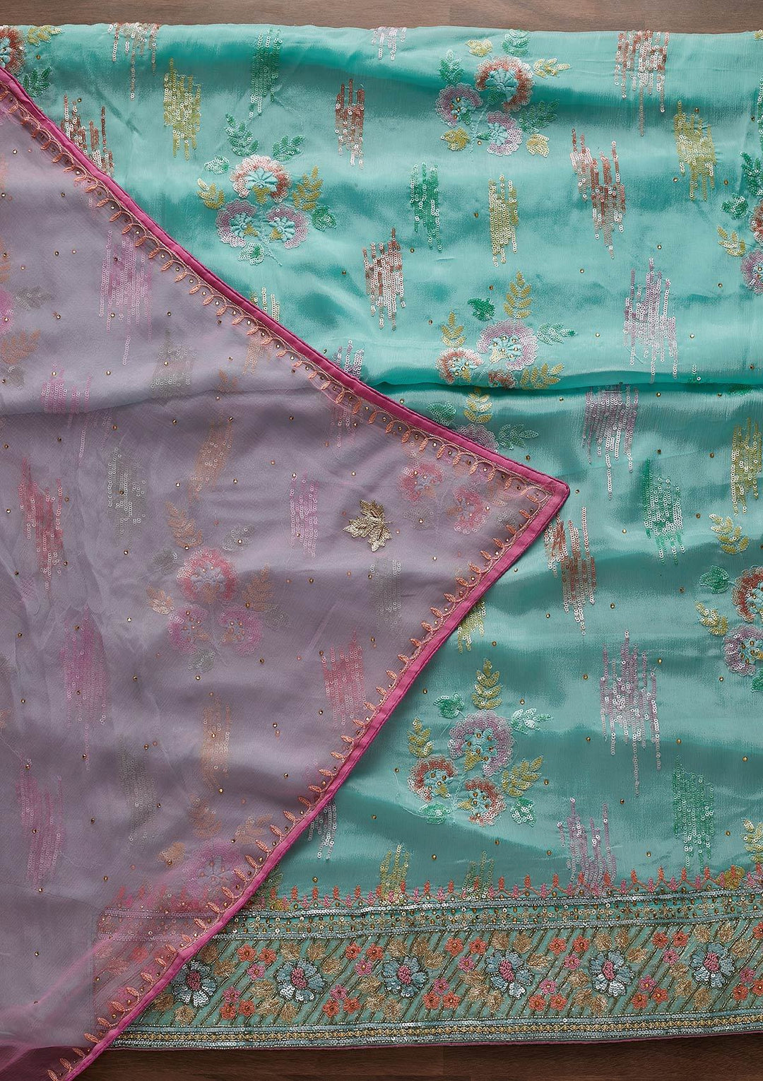 Sea Green Sequins Semi Crepe Designer Unstitched Salwar Suit - Koskii