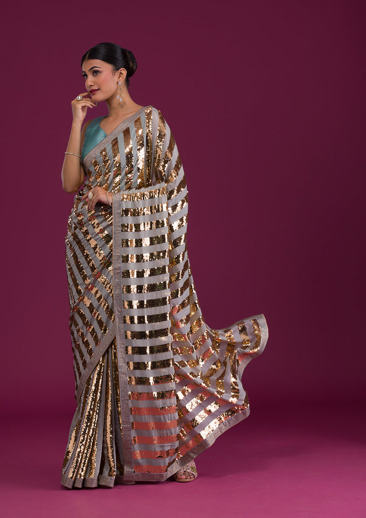 Sea Green Sequins Semi Crepe Saree-Koskii